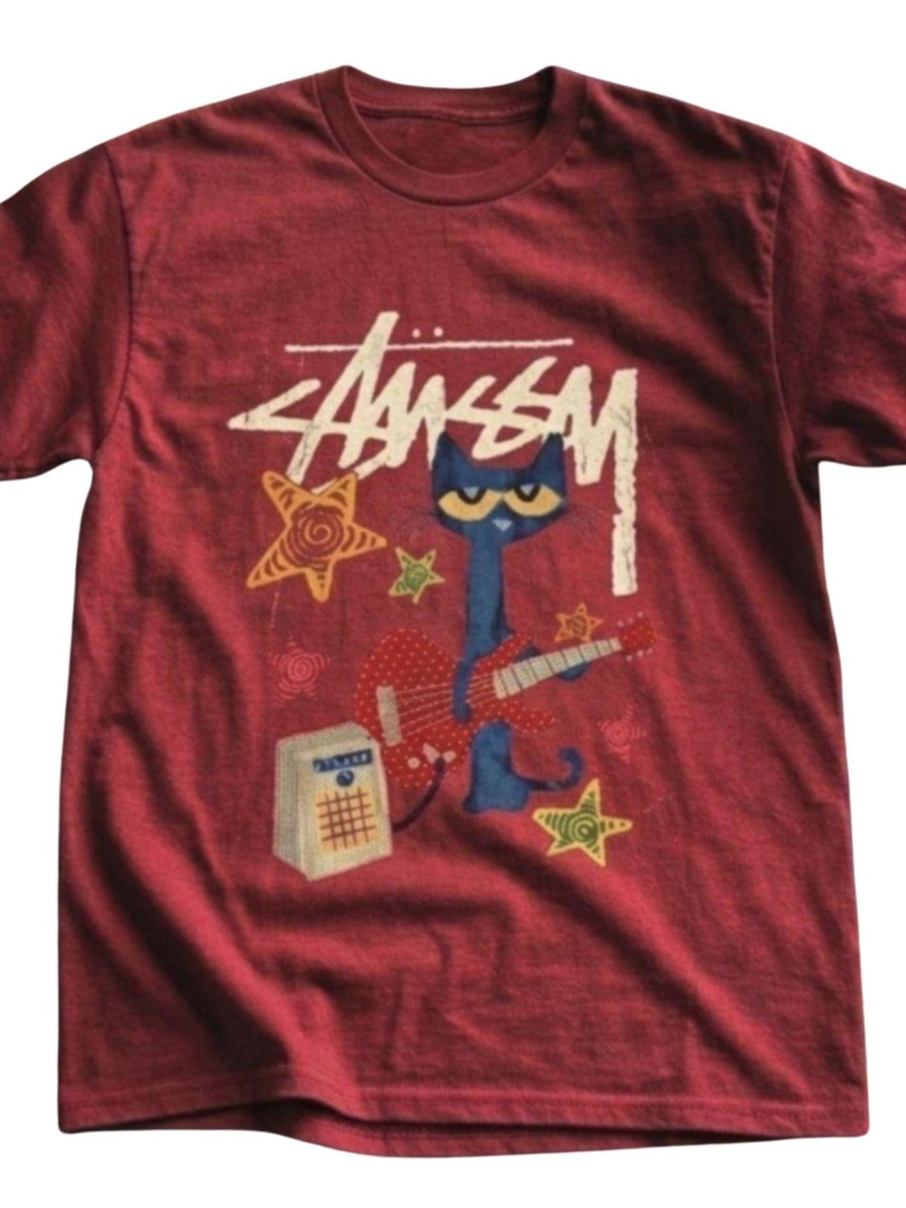 Gildan Red Short Sleeve Tee with Blue Cat Guitar Graphic